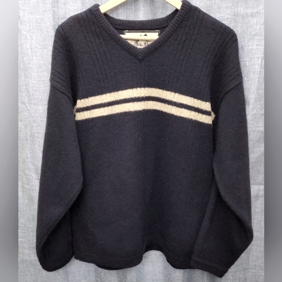 VTG 90s Wool V-Neck Sweater Fargo Clothing Black (w/2 Tan Stripes) Size XL - Picture 1 of 7